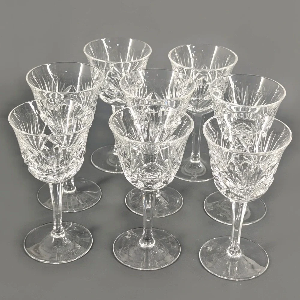 8 Crystal Cordial Glasses Cut Glass Faceted Stem JV Crown Logo Set of 8